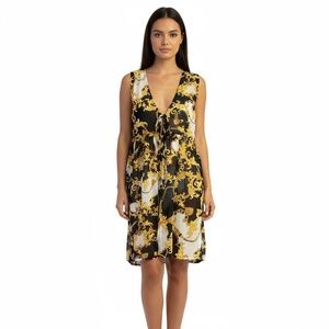 Iris Los Angeles Short Dress Large Yellow Black White Sheer V Neck Baroque Print